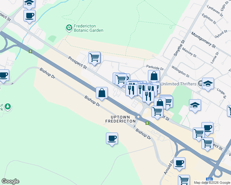 map of restaurants, bars, coffee shops, grocery stores, and more near 924 Prospect Street in Fredericton