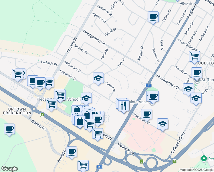map of restaurants, bars, coffee shops, grocery stores, and more near 406 Lisgar Street in Fredericton