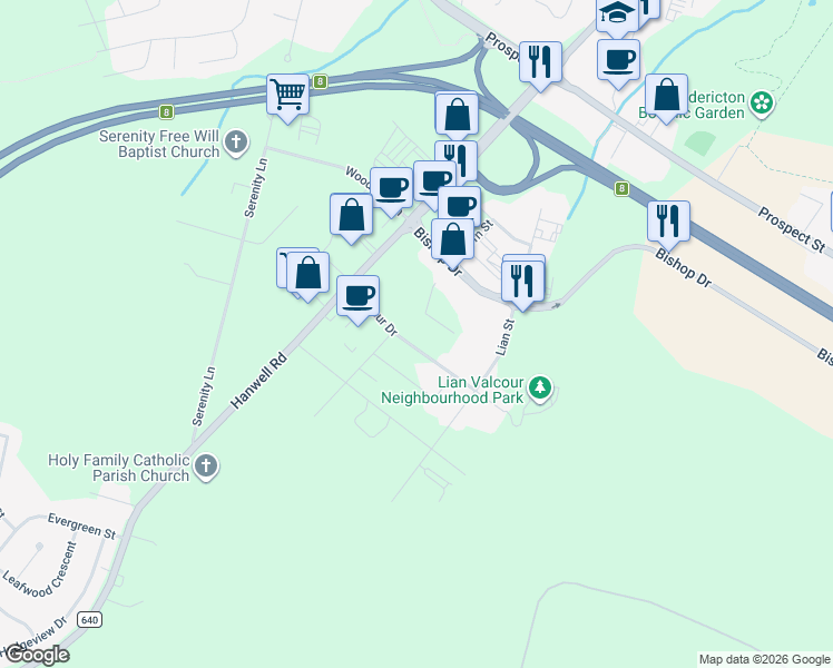 map of restaurants, bars, coffee shops, grocery stores, and more near 75 Valcour Drive in Fredericton