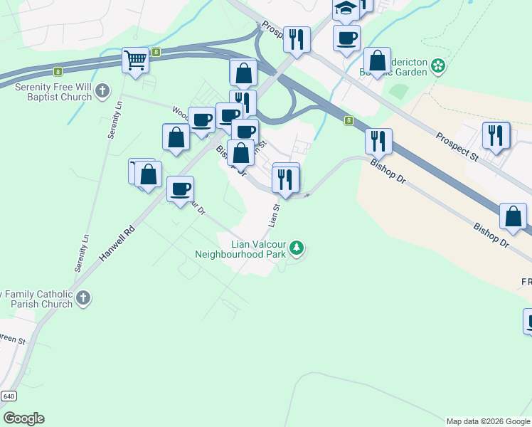 map of restaurants, bars, coffee shops, grocery stores, and more near 35 Lian Street in Fredericton