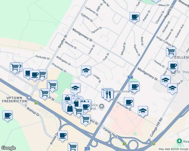 map of restaurants, bars, coffee shops, grocery stores, and more near Lisgar Street in Fredericton