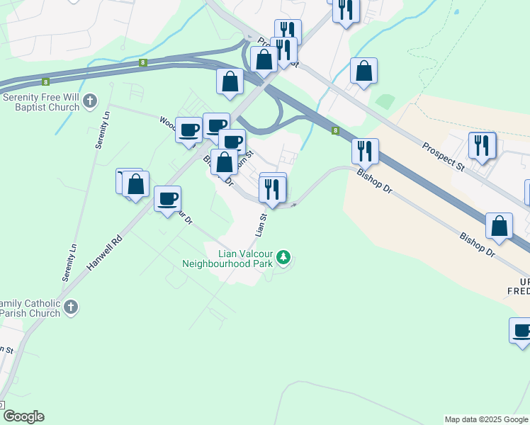 map of restaurants, bars, coffee shops, grocery stores, and more near 50 Lian St in Fredericton