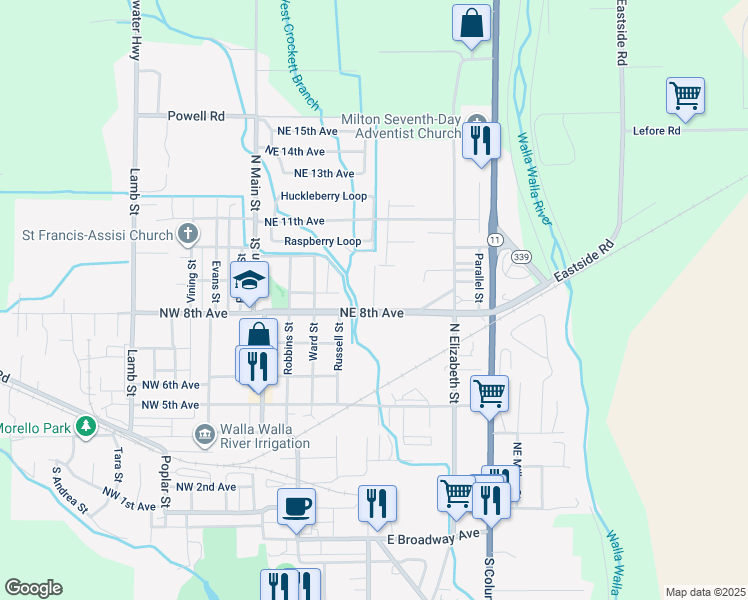 map of restaurants, bars, coffee shops, grocery stores, and more near 407 Northeast 8th Avenue in Milton-Freewater