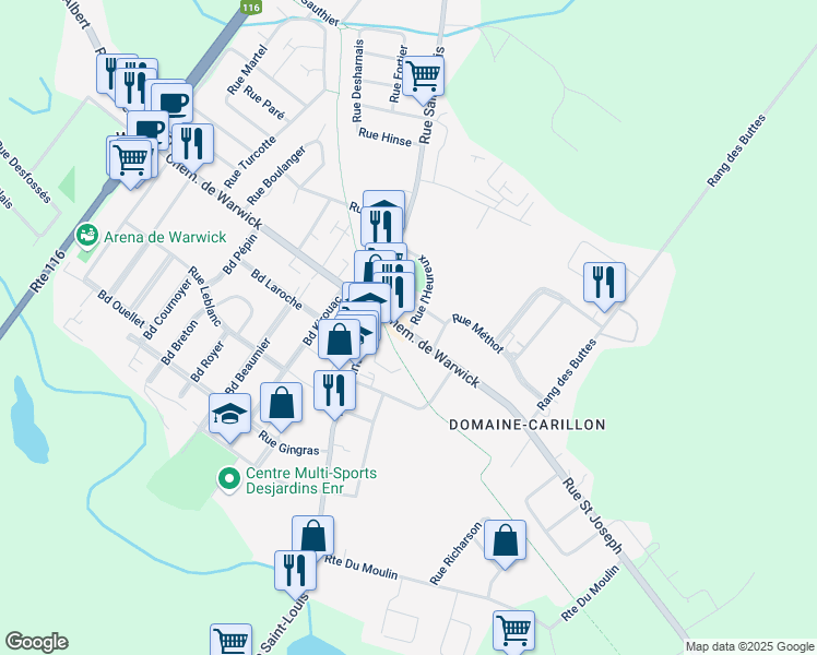 map of restaurants, bars, coffee shops, grocery stores, and more near 11A Rue Saint Joseph in Warwick