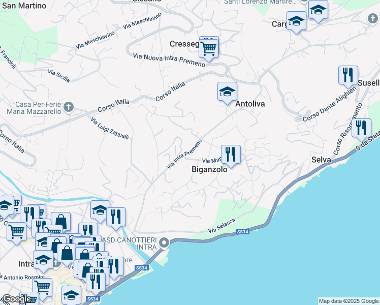 map of restaurants, bars, coffee shops, grocery stores, and more near 61 Via Intra Premeno in Pallanza