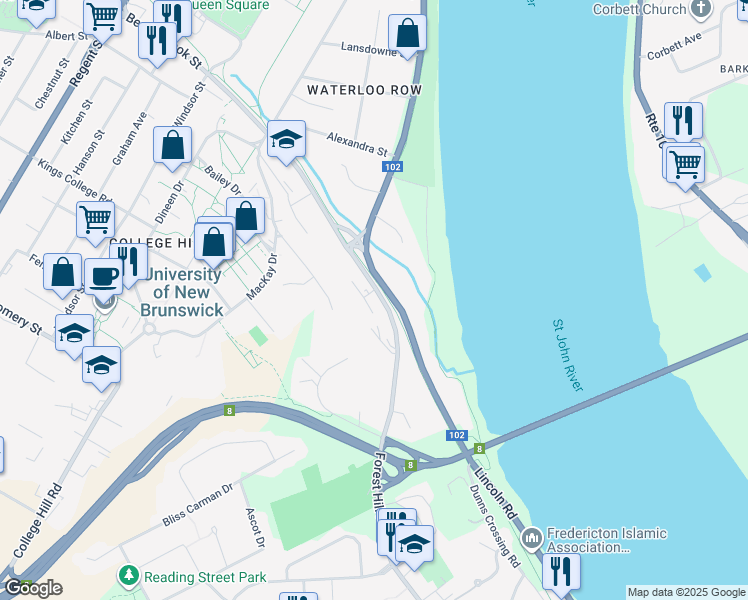 map of restaurants, bars, coffee shops, grocery stores, and more near 19 Forest Hill Rd in Fredericton