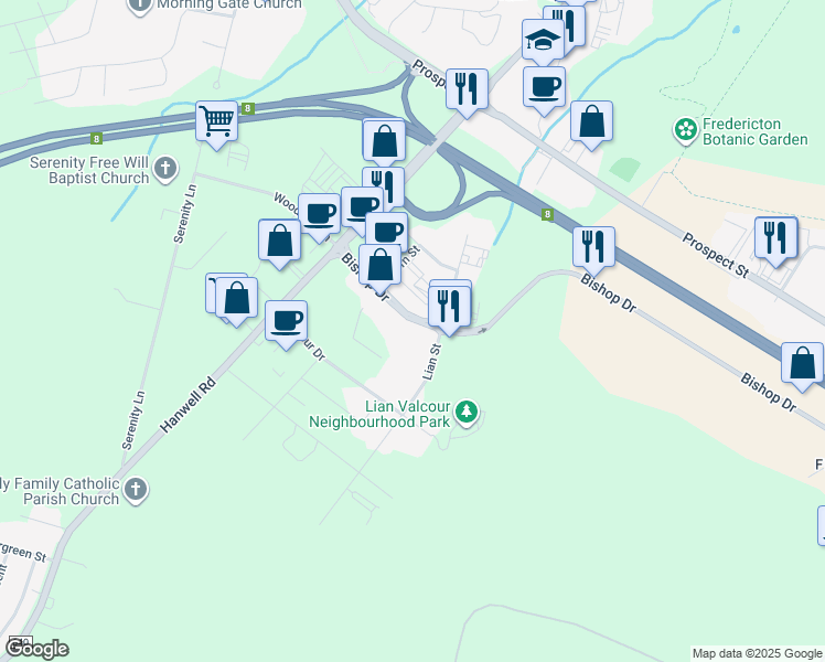 map of restaurants, bars, coffee shops, grocery stores, and more near 110 Bishop Drive in Fredericton