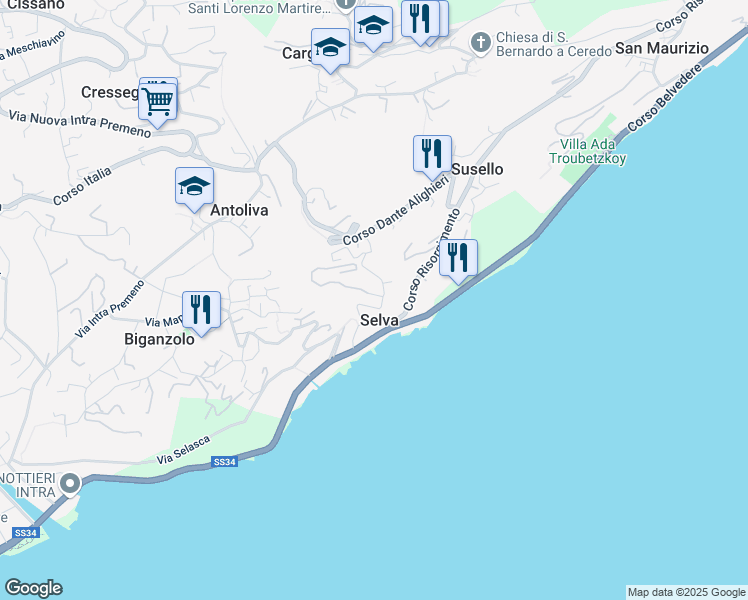 map of restaurants, bars, coffee shops, grocery stores, and more near 40 Via Selasca in Selva