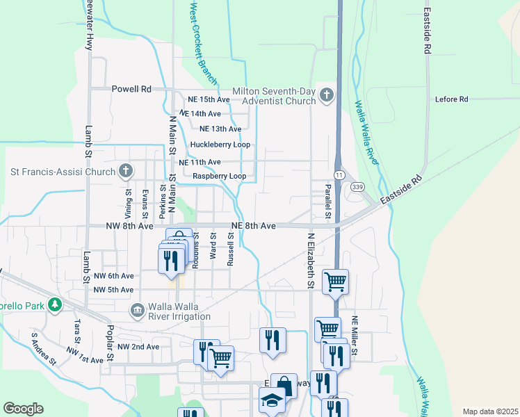 map of restaurants, bars, coffee shops, grocery stores, and more near 407 Northeast 8th Avenue in Milton-Freewater