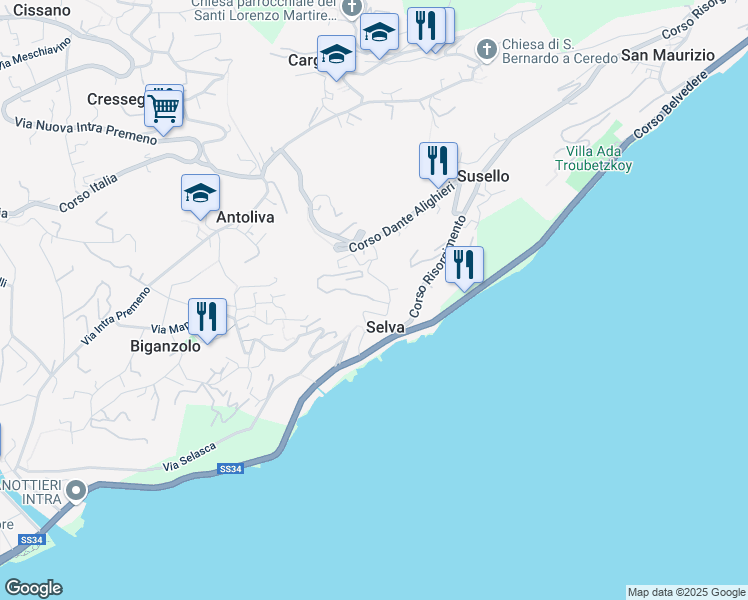 map of restaurants, bars, coffee shops, grocery stores, and more near 40 Via Selasca in Selva