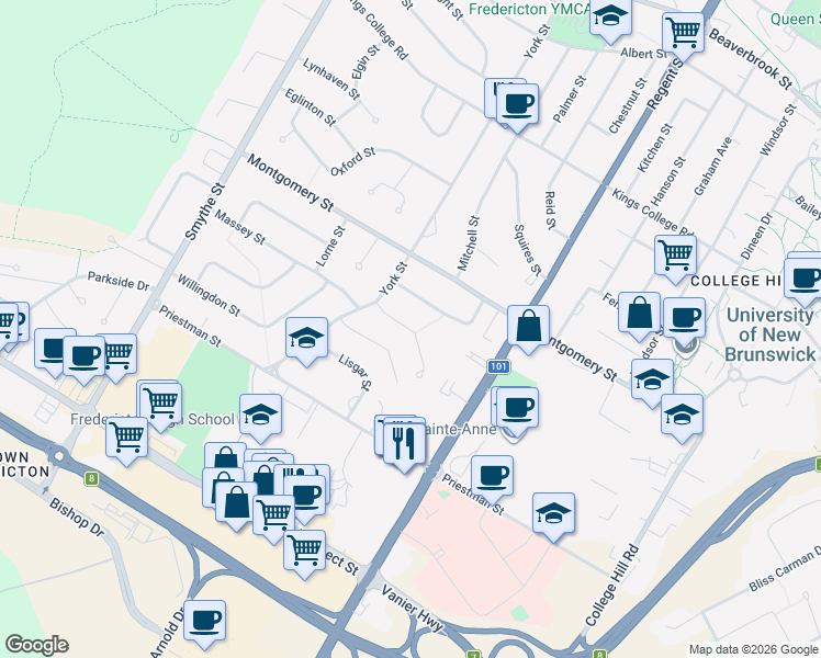 map of restaurants, bars, coffee shops, grocery stores, and more near Mansfield Street in Fredericton
