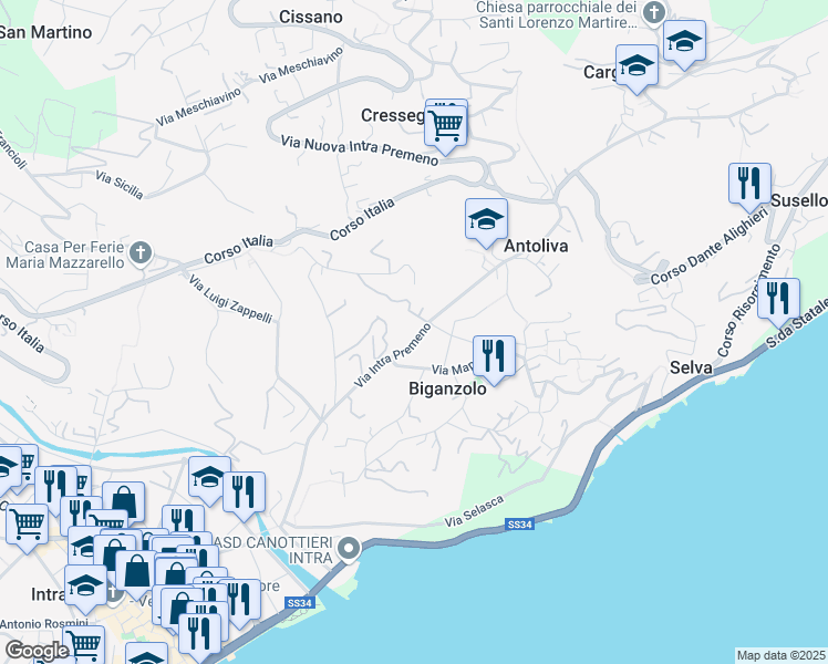 map of restaurants, bars, coffee shops, grocery stores, and more near 61 Via Intra Premeno in Pallanza