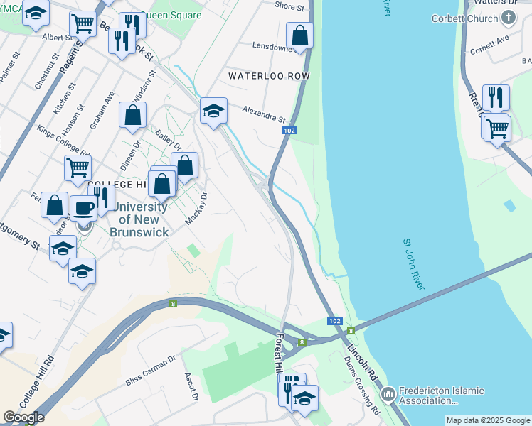 map of restaurants, bars, coffee shops, grocery stores, and more near 9 Forest Hill Road in Fredericton