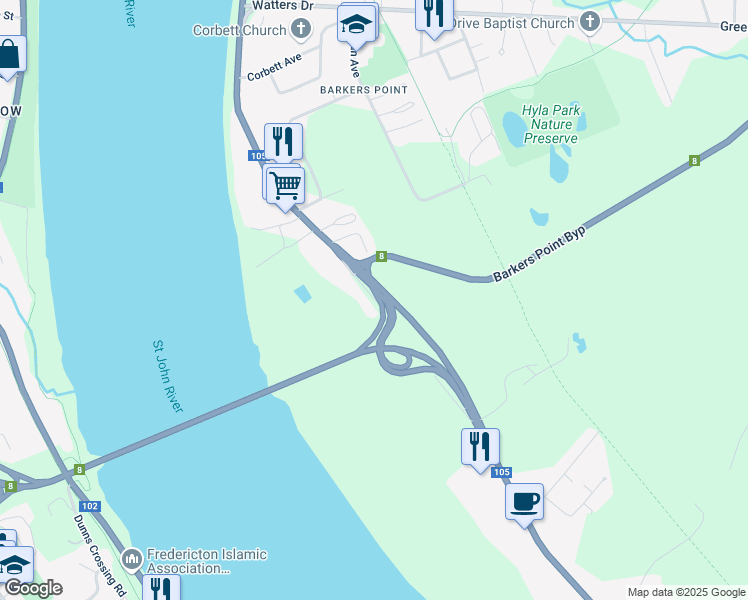 map of restaurants, bars, coffee shops, grocery stores, and more near 16 Hamilton Court in Fredericton