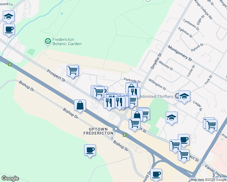 map of restaurants, bars, coffee shops, grocery stores, and more near 25 Meadow Green Court in Fredericton