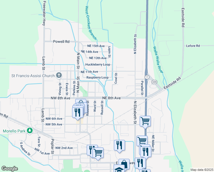 map of restaurants, bars, coffee shops, grocery stores, and more near 915 Cowl Street in Milton-Freewater