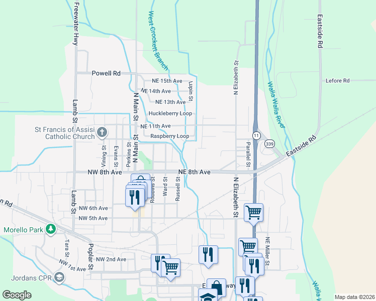 map of restaurants, bars, coffee shops, grocery stores, and more near 923 Cowl Street in Milton-Freewater