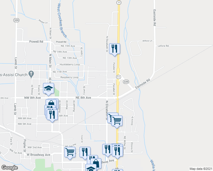 map of restaurants, bars, coffee shops, grocery stores, and more near 505 Northeast 9th Court in Milton-Freewater