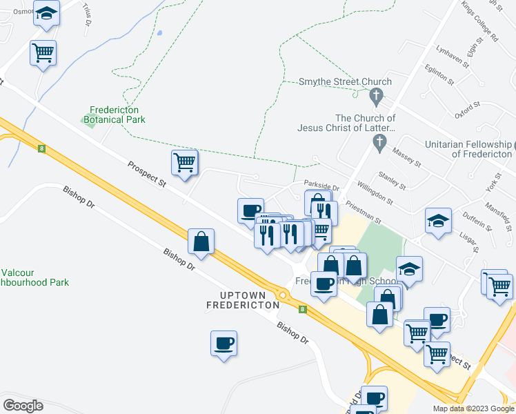 map of restaurants, bars, coffee shops, grocery stores, and more near 210 Parkside Drive in Fredericton
