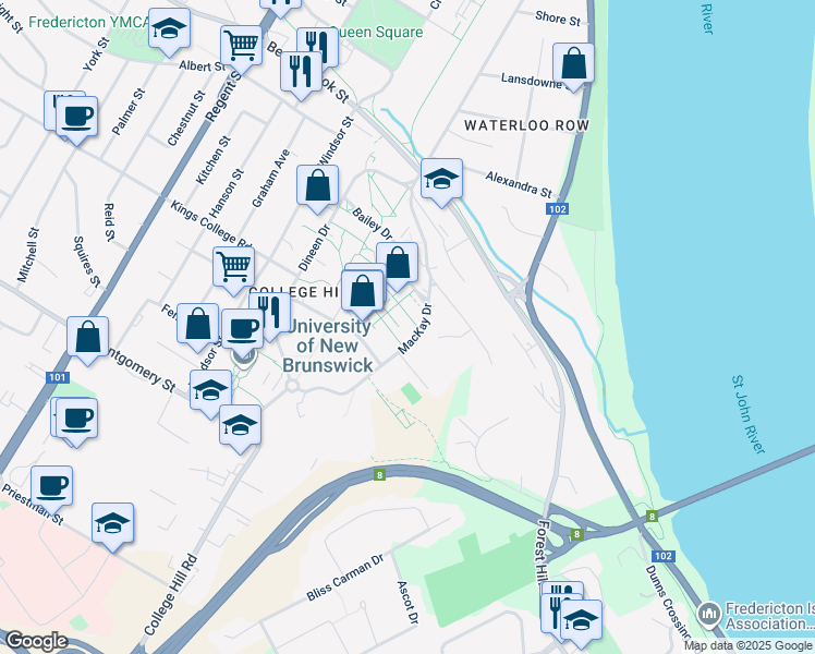 map of restaurants, bars, coffee shops, grocery stores, and more near 43 Mackay Drive in Fredericton