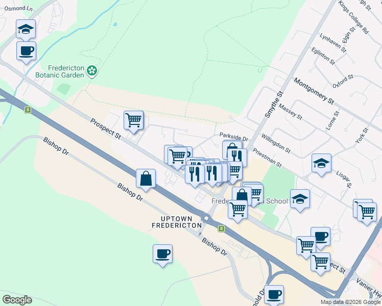 map of restaurants, bars, coffee shops, grocery stores, and more near 202 Parkside Drive in Fredericton