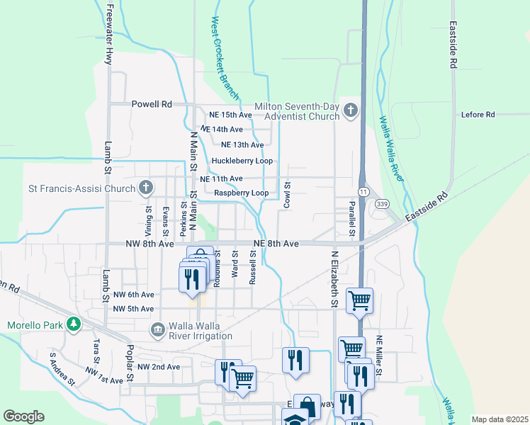 map of restaurants, bars, coffee shops, grocery stores, and more near 915 Cowl Street in Milton-Freewater