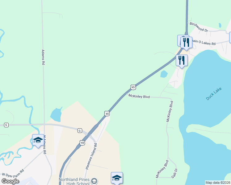 map of restaurants, bars, coffee shops, grocery stores, and more near 2332 North Railroad Street in Eagle River