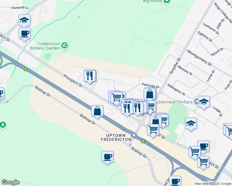map of restaurants, bars, coffee shops, grocery stores, and more near 240 Parkside Drive in Fredericton