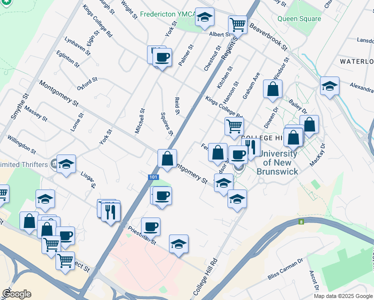 map of restaurants, bars, coffee shops, grocery stores, and more near 861 Grandame Street in Fredericton