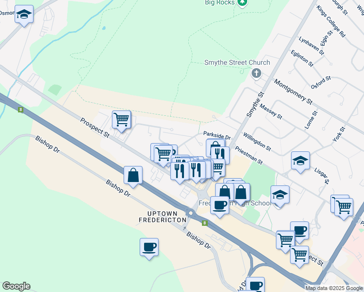 map of restaurants, bars, coffee shops, grocery stores, and more near 5 Meadow Green Court in Fredericton