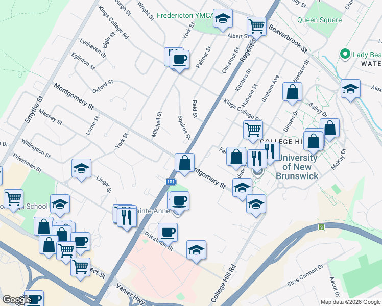 map of restaurants, bars, coffee shops, grocery stores, and more near 878 Regent Street in Fredericton