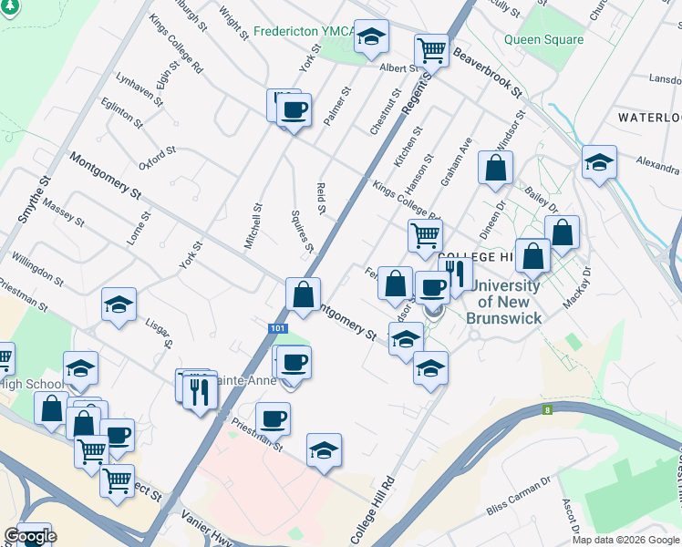 map of restaurants, bars, coffee shops, grocery stores, and more near 855 Grandame Street in Fredericton