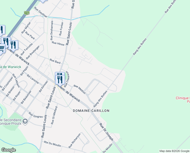 map of restaurants, bars, coffee shops, grocery stores, and more near 18 Rue du Carillon in Warwick
