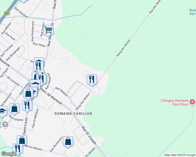 map of restaurants, bars, coffee shops, grocery stores, and more near 28 Rue du Verger in Warwick