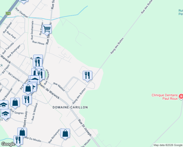 map of restaurants, bars, coffee shops, grocery stores, and more near 28 Rue du Verger in Warwick