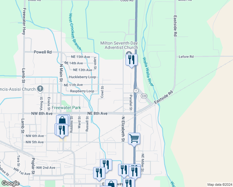 map of restaurants, bars, coffee shops, grocery stores, and more near 35 Northeast 11th Avenue in Milton-Freewater
