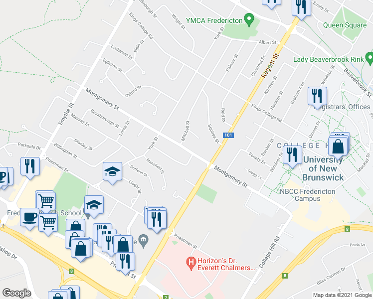 map of restaurants, bars, coffee shops, grocery stores, and more near Montgomery Street in Fredericton