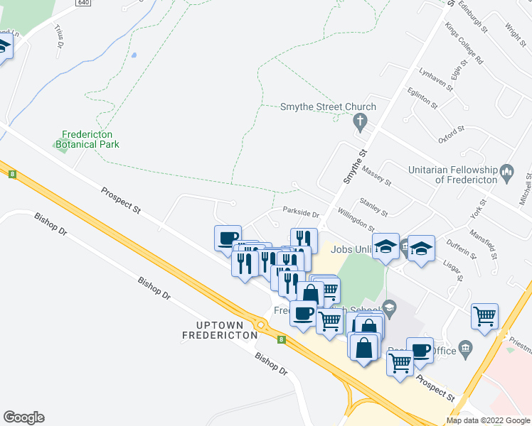 map of restaurants, bars, coffee shops, grocery stores, and more near Parkside Drive in Fredericton