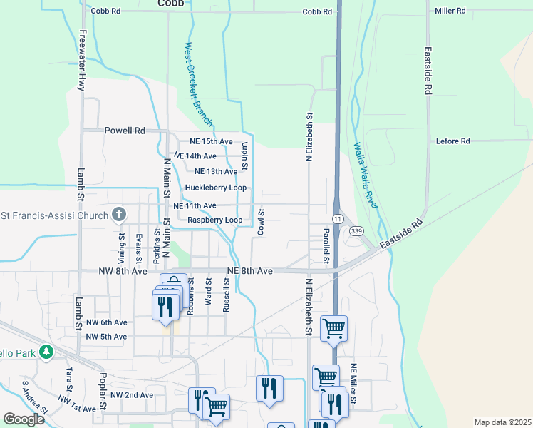 map of restaurants, bars, coffee shops, grocery stores, and more near 47 Northeast 11th Avenue in Milton-Freewater