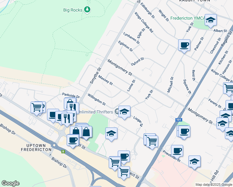 map of restaurants, bars, coffee shops, grocery stores, and more near 265 Stanley Street in Fredericton