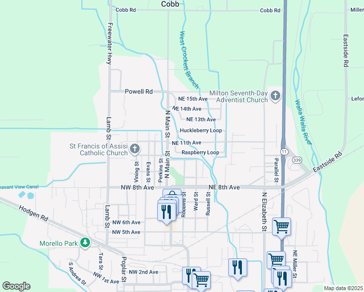 map of restaurants, bars, coffee shops, grocery stores, and more near 64 Northeast 11th Avenue in Milton-Freewater