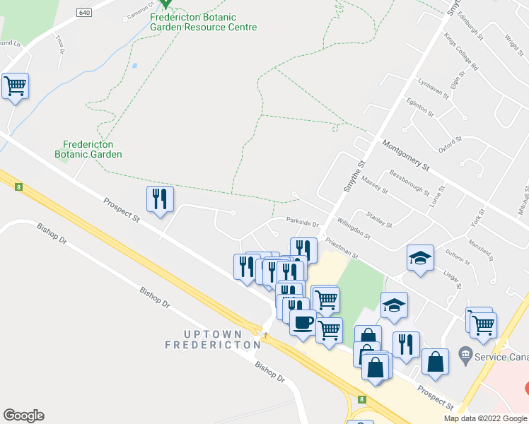 map of restaurants, bars, coffee shops, grocery stores, and more near 129 Parkside Drive in Fredericton