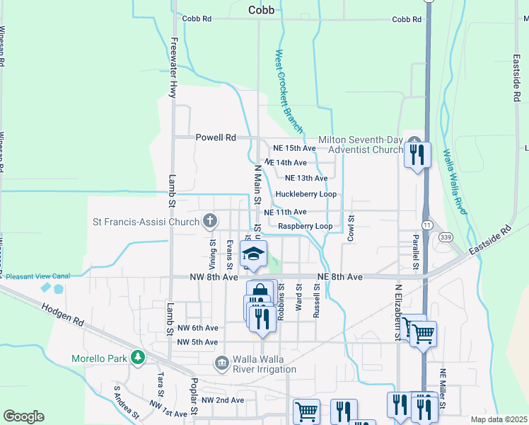 map of restaurants, bars, coffee shops, grocery stores, and more near 15 Northwest 11th Avenue in Milton-Freewater