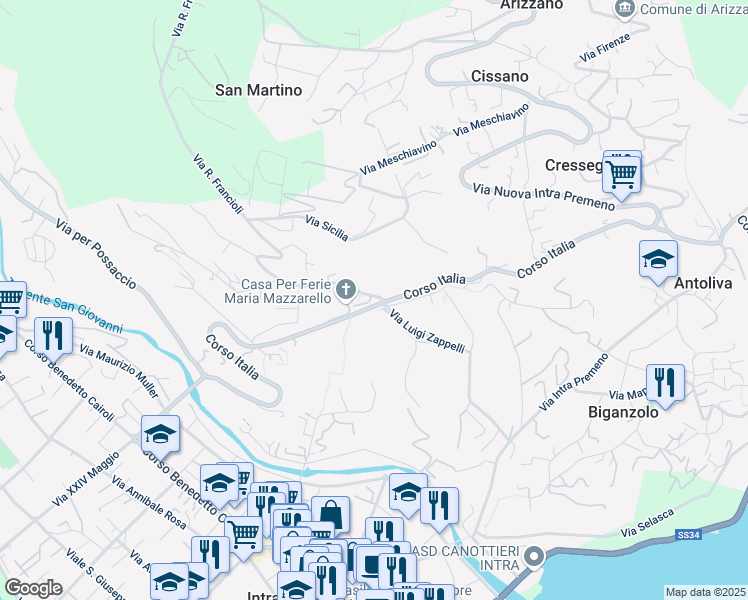 map of restaurants, bars, coffee shops, grocery stores, and more near 81 Corso Italia in Pallanza