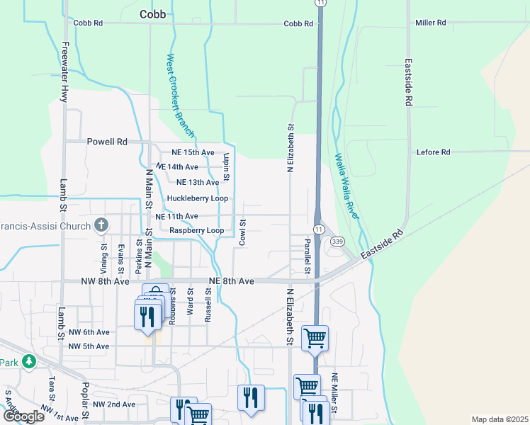 map of restaurants, bars, coffee shops, grocery stores, and more near 35 Northeast 11th Avenue in Milton-Freewater