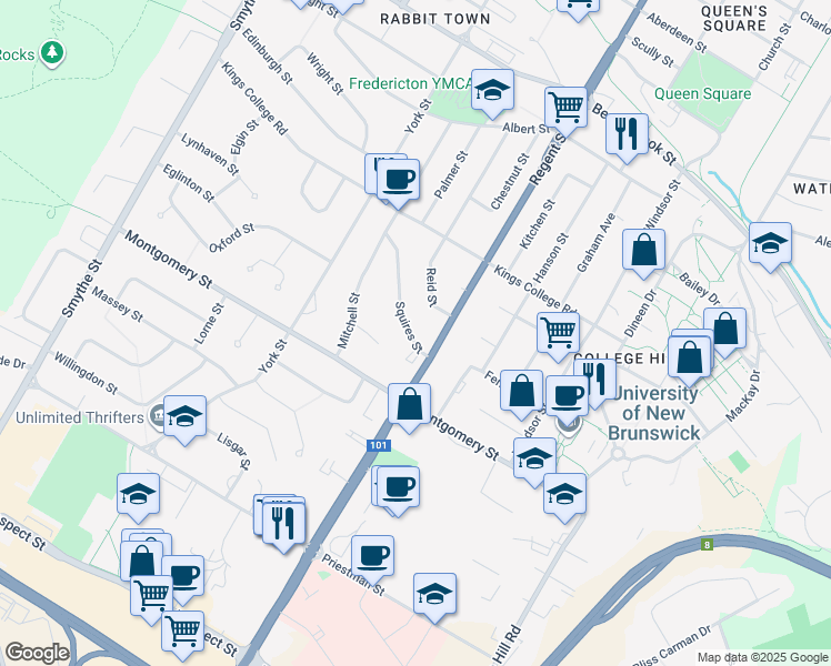 map of restaurants, bars, coffee shops, grocery stores, and more near 585 Squires Street in Fredericton