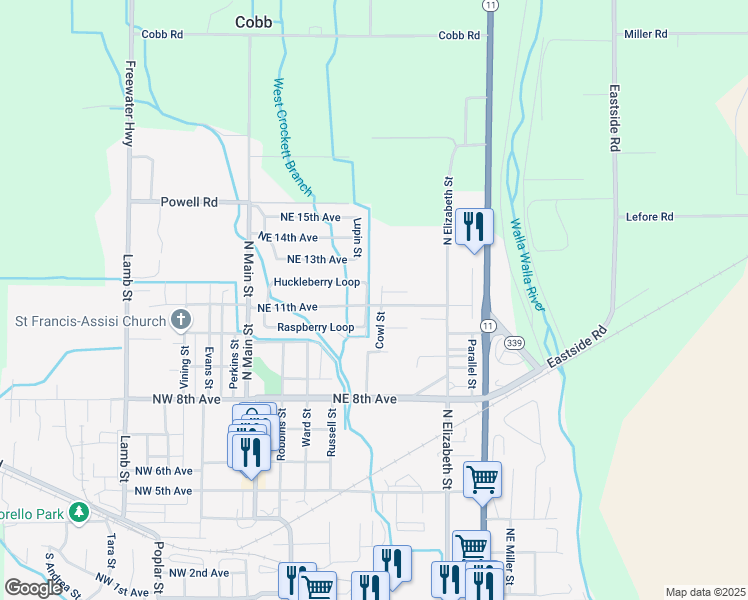 map of restaurants, bars, coffee shops, grocery stores, and more near 47 Northeast 11th Avenue in Milton-Freewater