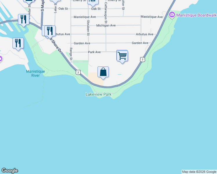 map of restaurants, bars, coffee shops, grocery stores, and more near 1969 E Lake Shore Dr in Manistique