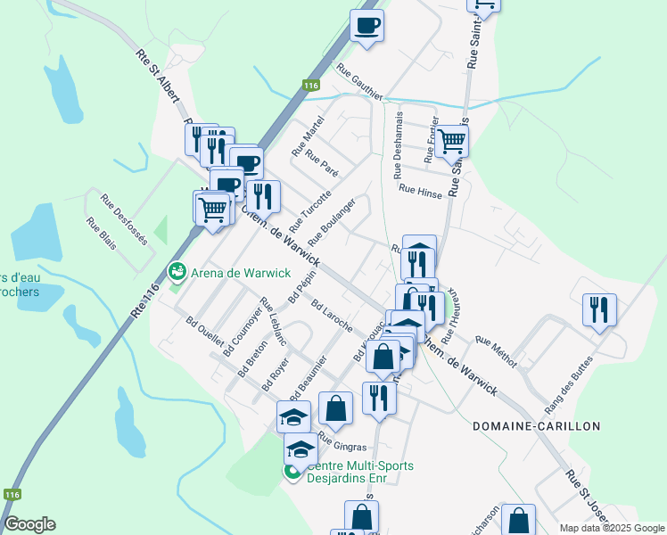 map of restaurants, bars, coffee shops, grocery stores, and more near 22 Rue de l'Hôtel de Ville in Warwick