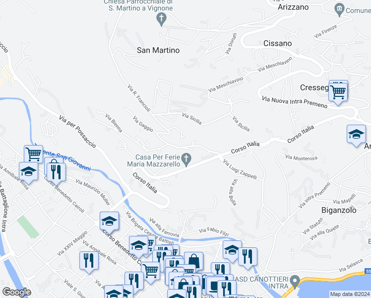 map of restaurants, bars, coffee shops, grocery stores, and more near 17 Via Firenze in Provincia del Verbano-Cusio-Ossola